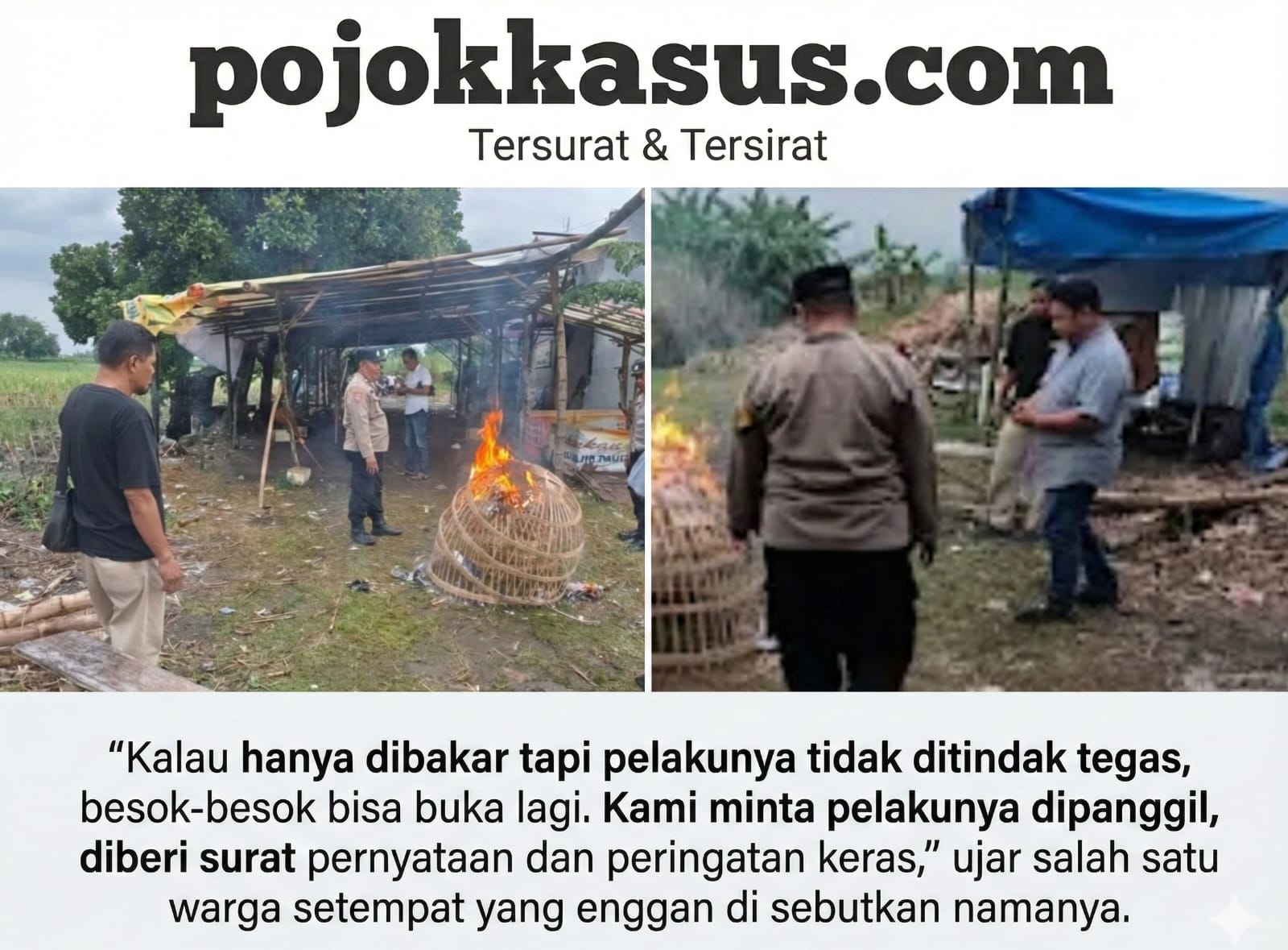 Arena Judi Sabung Ayam di Belakang Pasar Sayur Tulangan Dibakar, Polisi Tegaskan Tak Ada Toleransi Perjudian